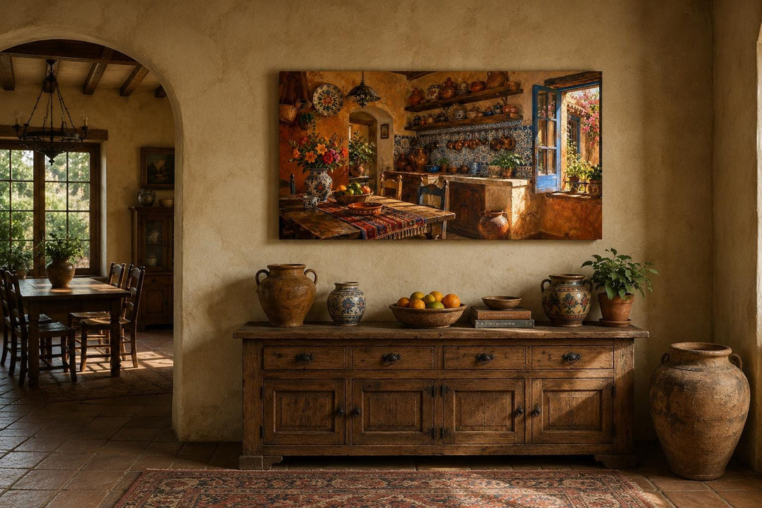 Rustic Mexican kitchen canvas print featuring Talavera pottery and warm sunlight in a dining room.