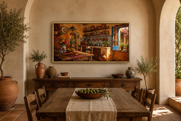 Rustic Mexican kitchen canvas print with Talavera pottery above a wooden dining table.