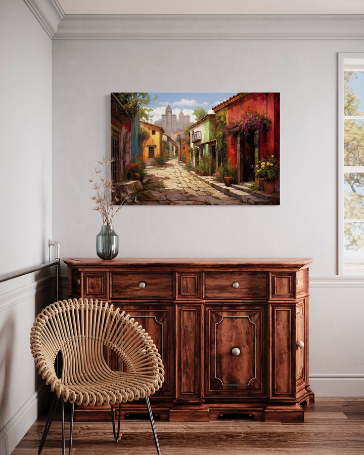 Mexican Old Town Street Traditional Framed Canvas Wall Art