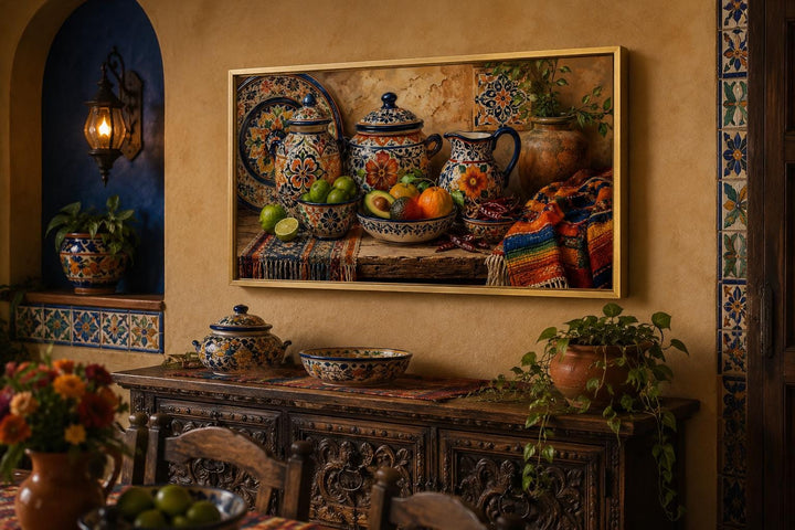 Framed Mexican Talavera pottery art print above a carved wooden buffet in a rustic dining room.