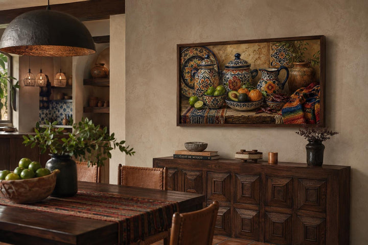 Framed Mexican Talavera pottery art on a dining room wall above a dark wood sideboard.