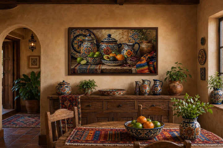 Mexican Talavera pottery art canvas print featuring hand-painted jars and fruit in a dining room.