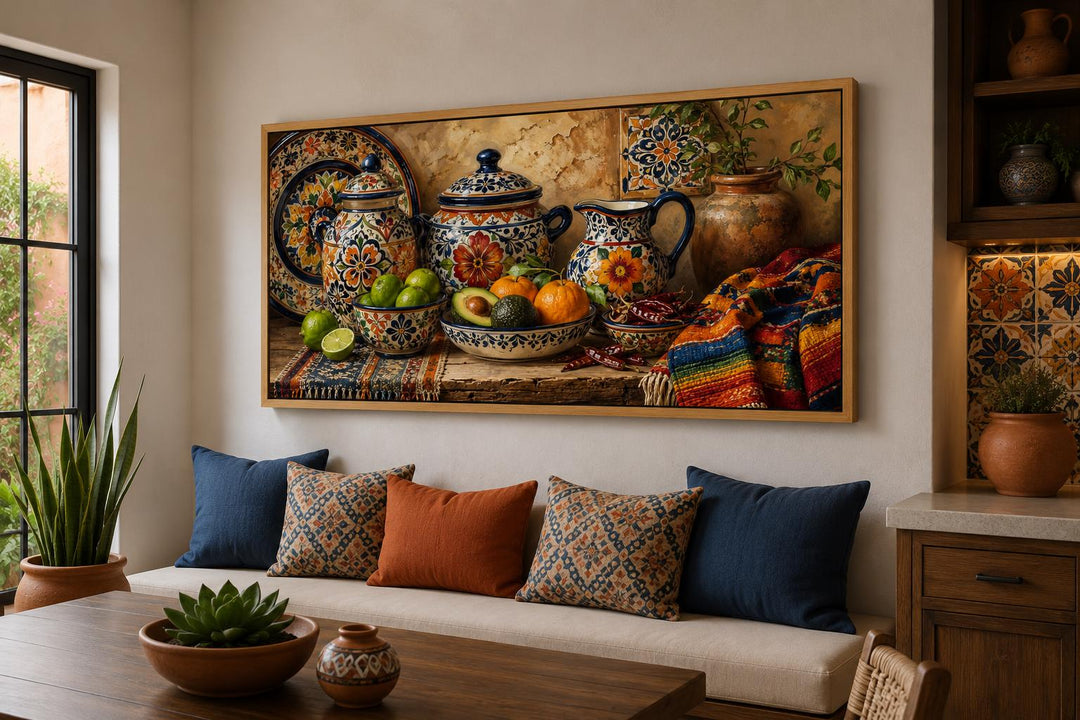 Framed Mexican Talavera pottery canvas art above a sofa with colorful pillows in a dining room.