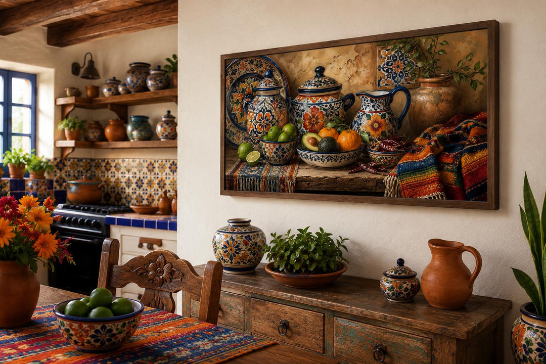 Framed Mexican Talavera pottery art on a wall in a rustic dining room with vibrant ceramic decor.