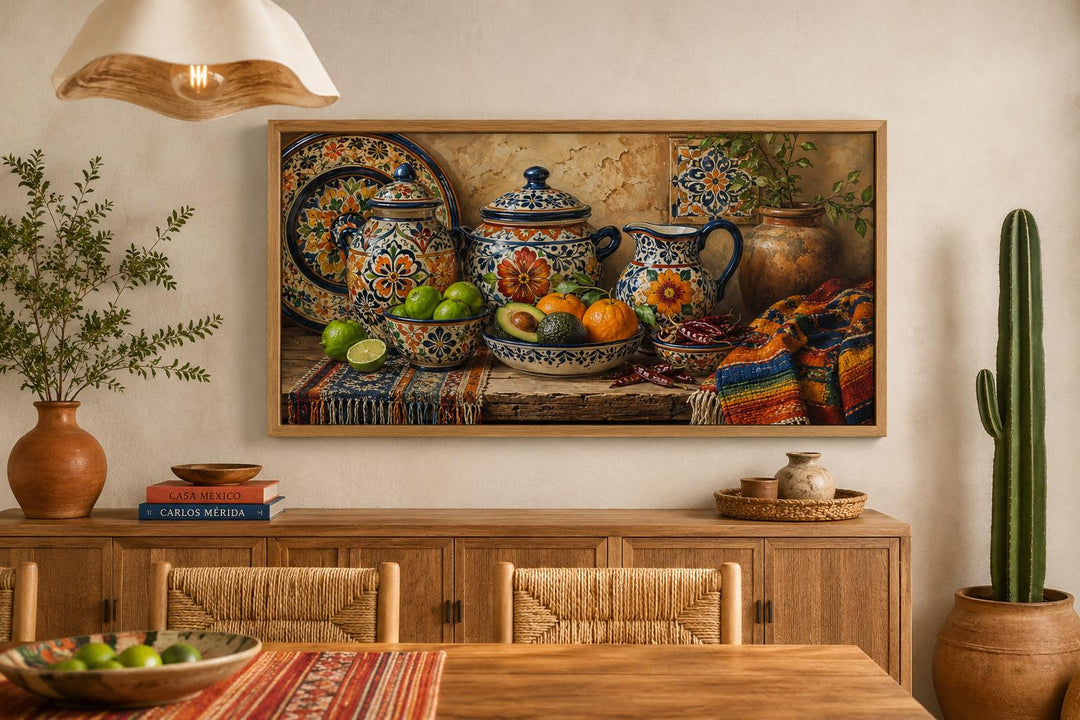 Framed Mexican Talavera pottery art print above a wooden sideboard in a rustic dining room.