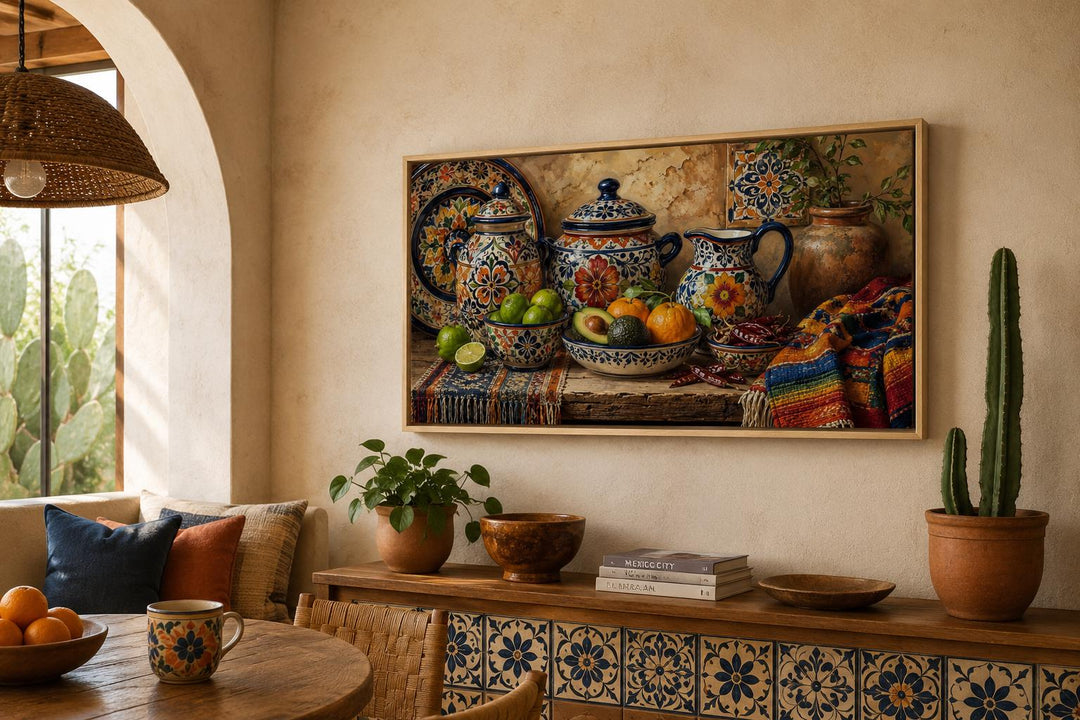 Mexican Talavera pottery art print on a wall in a rustic dining room with southwest decor.