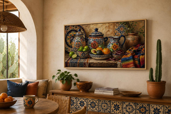 Mexican Talavera pottery art print on a wall in a rustic dining room with southwest decor.