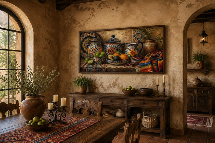 Mexican Talavera pottery art canvas print hanging in a rustic dining room with terracotta tiles.