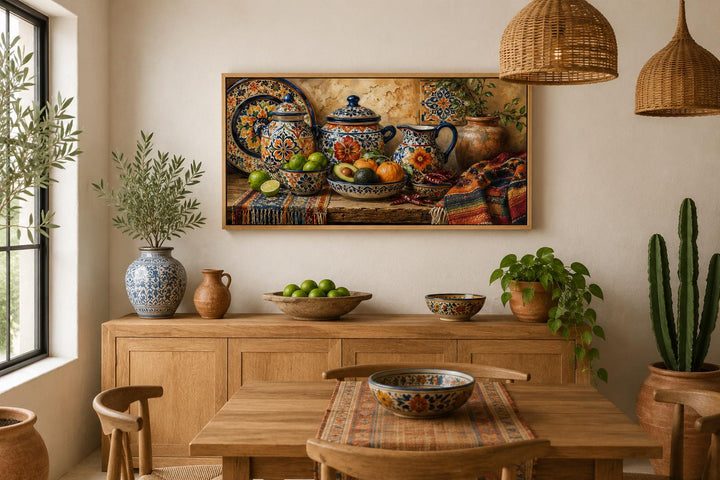Mexican Talavera pottery art print on a dining room wall above a wooden buffet and table.