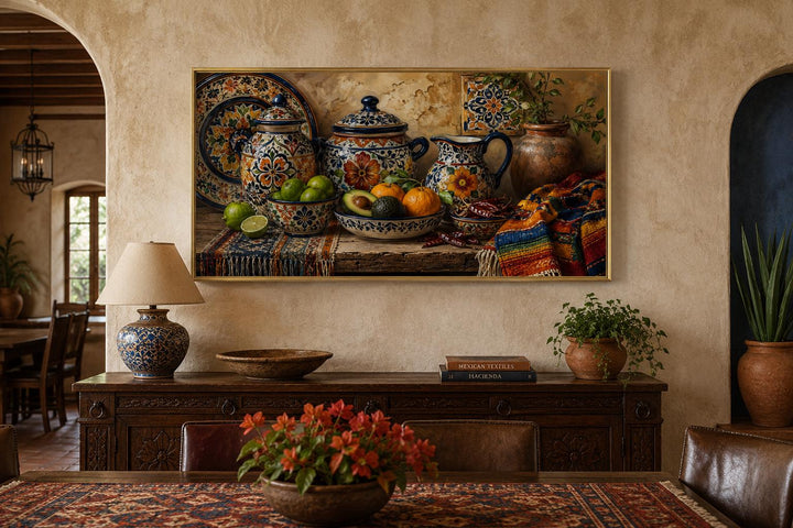 Mexican Talavera pottery art print above a wooden buffet in a rustic Southwest-style dining room.