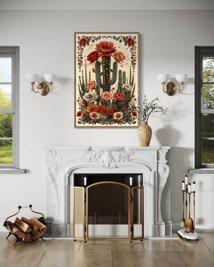 Mexican Vertical Cactus In Bloom Framed Canvas Wall Art hanging above a white fireplace mantel.