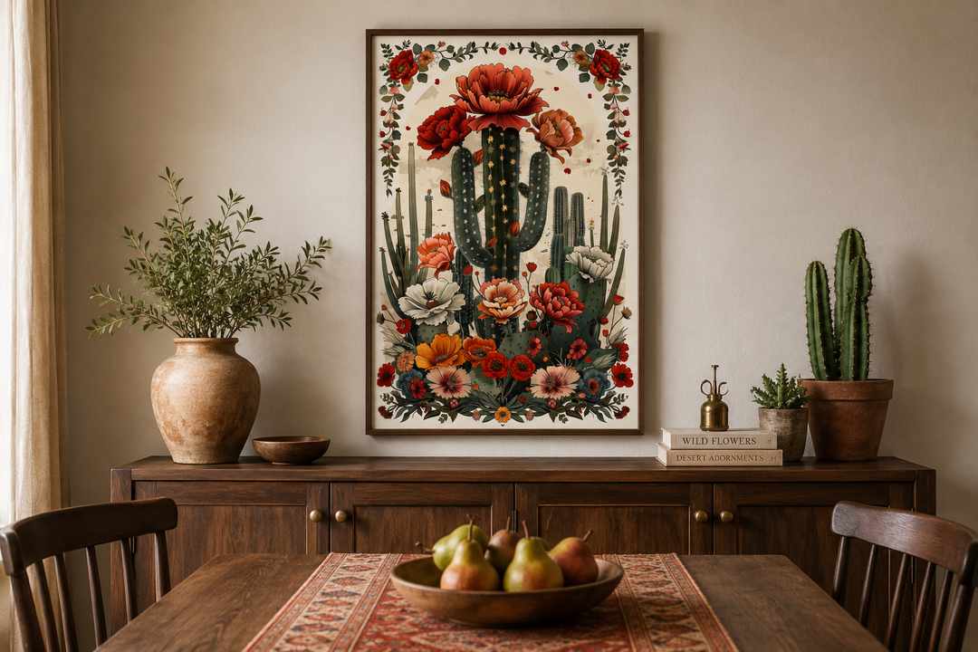 Framed vertical canvas art of a blooming Mexican cactus with colorful flowers above a wooden buffet.