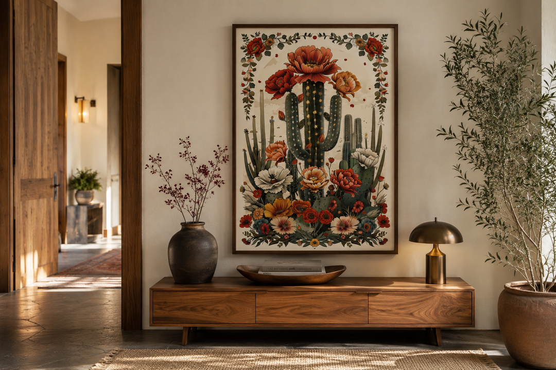 Mexican Vertical Cactus In Bloom Framed Canvas Wall Art above a wooden console in a rustic room.