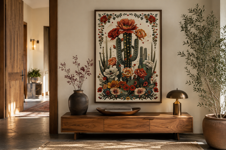 Mexican Vertical Cactus In Bloom Framed Canvas Wall Art above a wooden console in a rustic room.