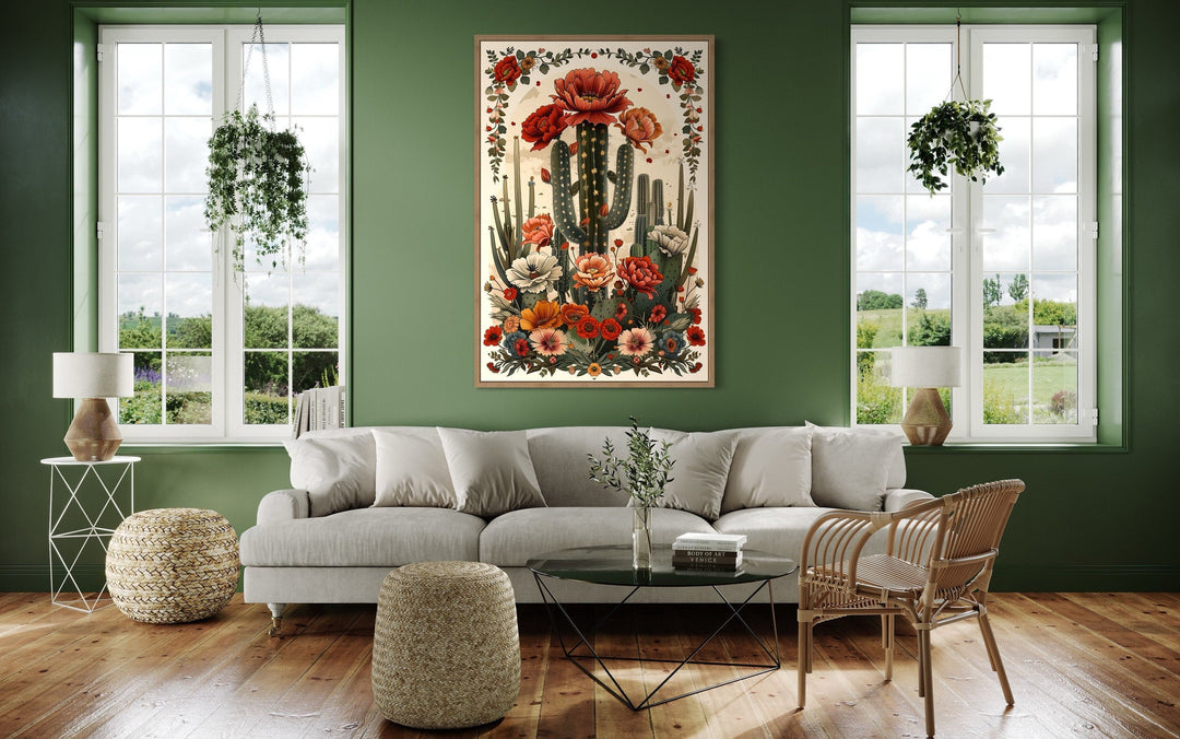 Mexican Vertical Cactus In Bloom Framed Canvas Wall Art hanging in a green living room.