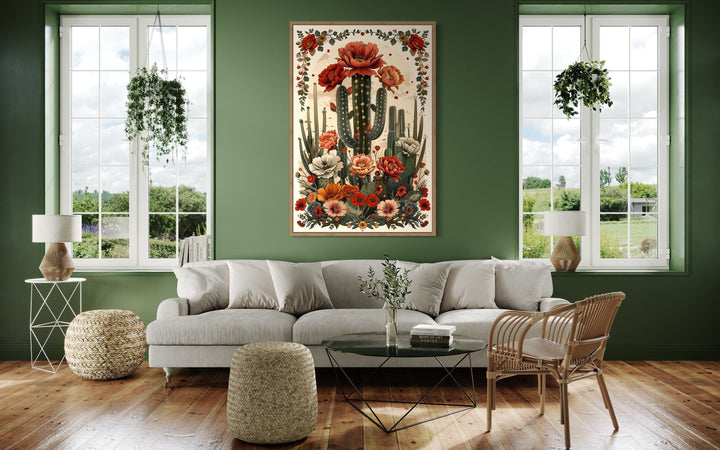 Mexican Vertical Cactus In Bloom Framed Canvas Wall Art hanging in a green living room.