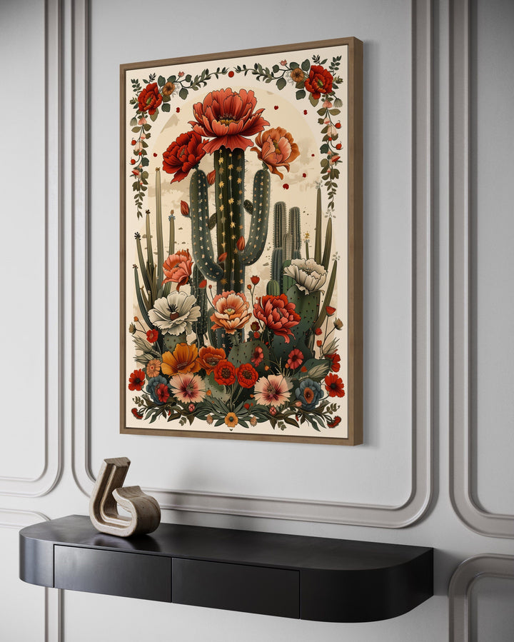 Mexican Vertical Cactus In Bloom Framed Canvas Wall Art hanging above a black console table.