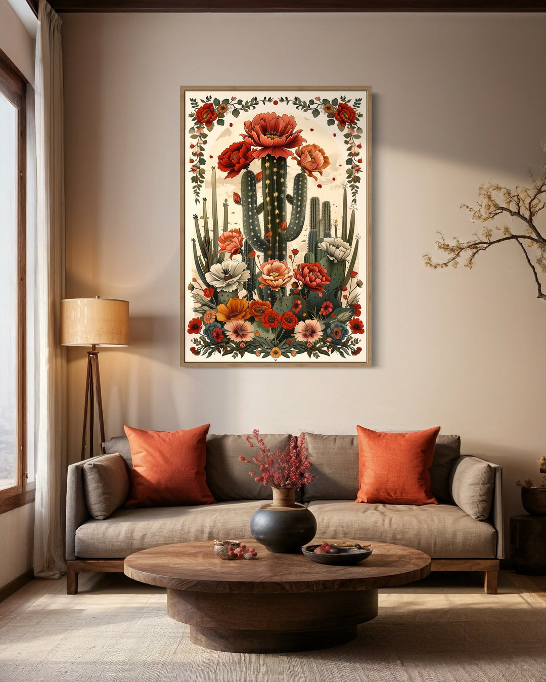 Mexican Vertical Cactus In Bloom Framed Canvas Wall Art hanging above a sofa in a living room.