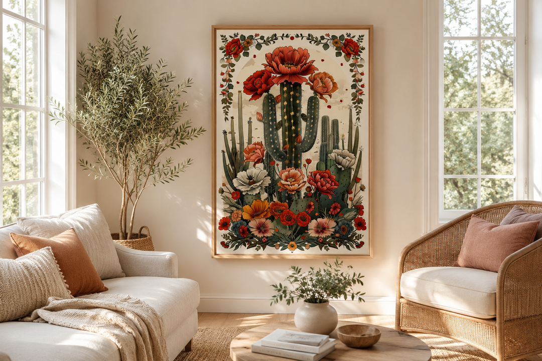 Mexican Vertical Cactus In Bloom Framed Canvas Wall Art hanging in a bright, modern living room.