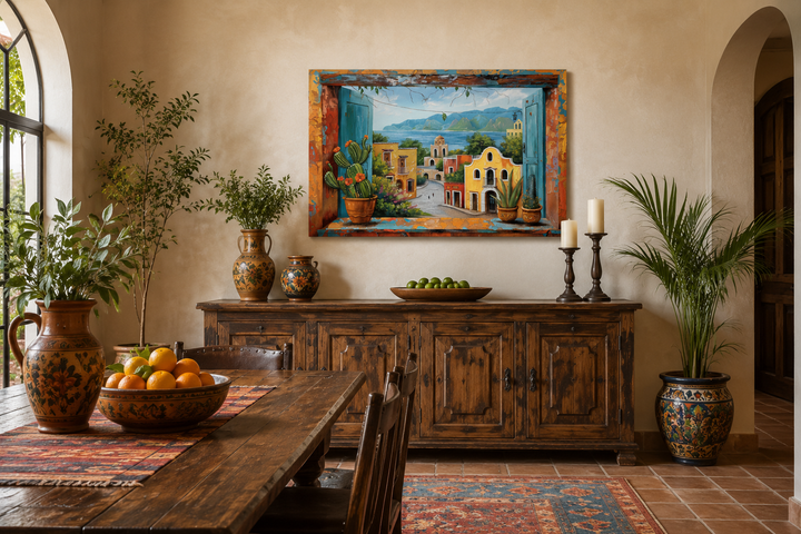 Mexican Village Window View Framed Canvas Wall Art hanging above a rustic wooden sideboard.