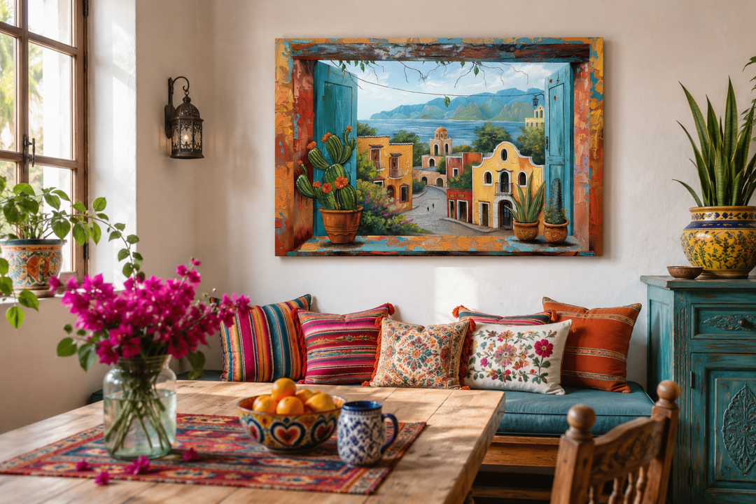 Mexican Village Window View Framed Canvas Wall Art in a rustic dining room setting.