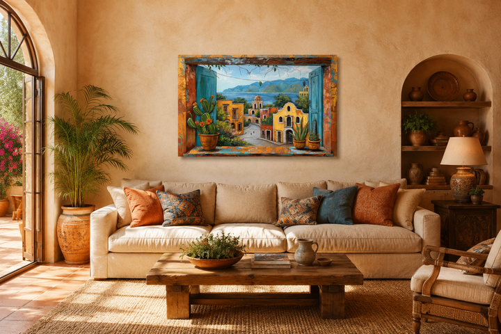 Mexican Village Window View Framed Canvas Wall Art hanging in a rustic living room.