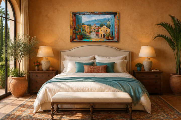 Mexican Village Window View Framed Canvas Wall Art hanging above a bed in a warm-toned bedroom.