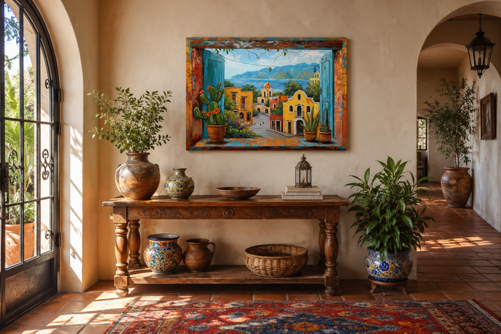 Mexican Village Window View Framed Canvas Wall Art above a rustic wooden console table.