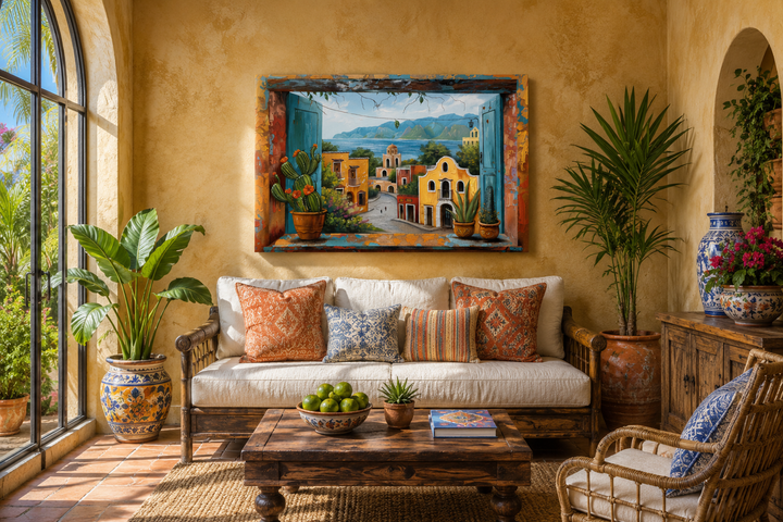 Mexican village window view framed canvas wall art in a rustic living room setting.