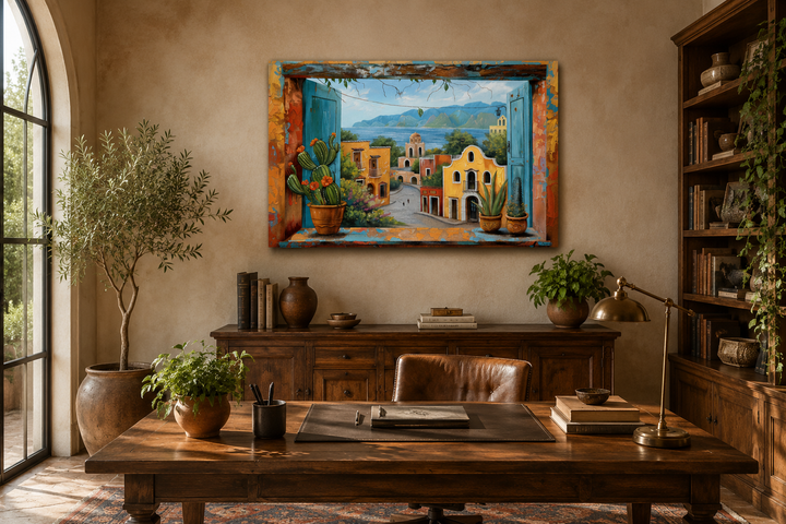 Mexican Village Window View Framed Canvas Wall Art hanging in a rustic home office.