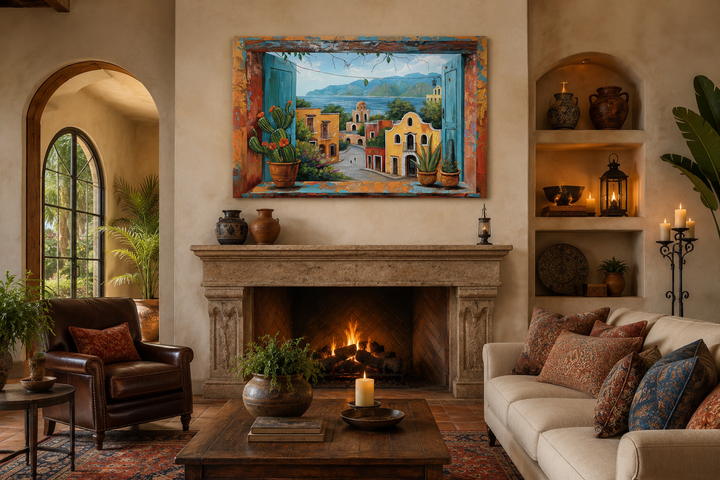 Mexican Village Window View Framed Canvas Wall Art hanging above a fireplace in a rustic living room