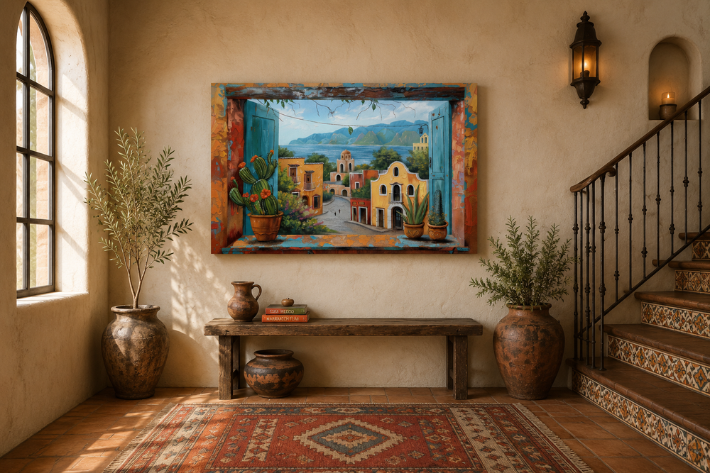 Mexican Village Window View Framed Canvas Wall Art in a rustic entryway with a bench and plants.