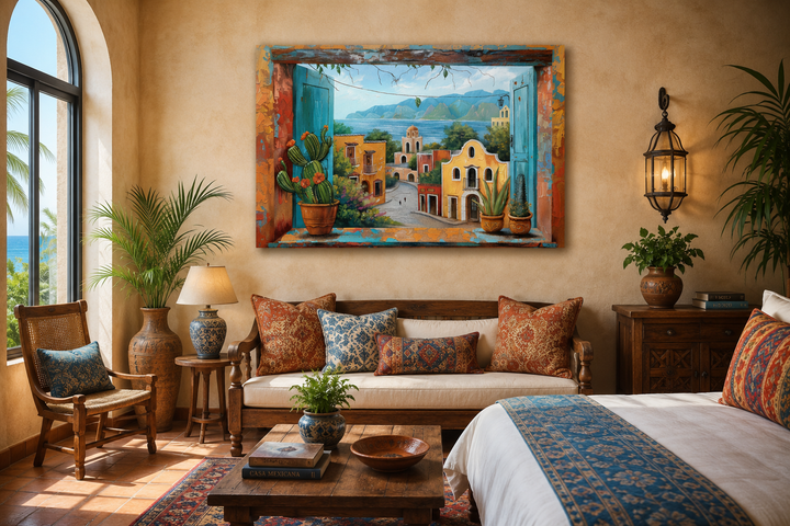 Mexican Village Window View Framed Canvas Wall Art displayed in a rustic, hacienda-style bedroom.