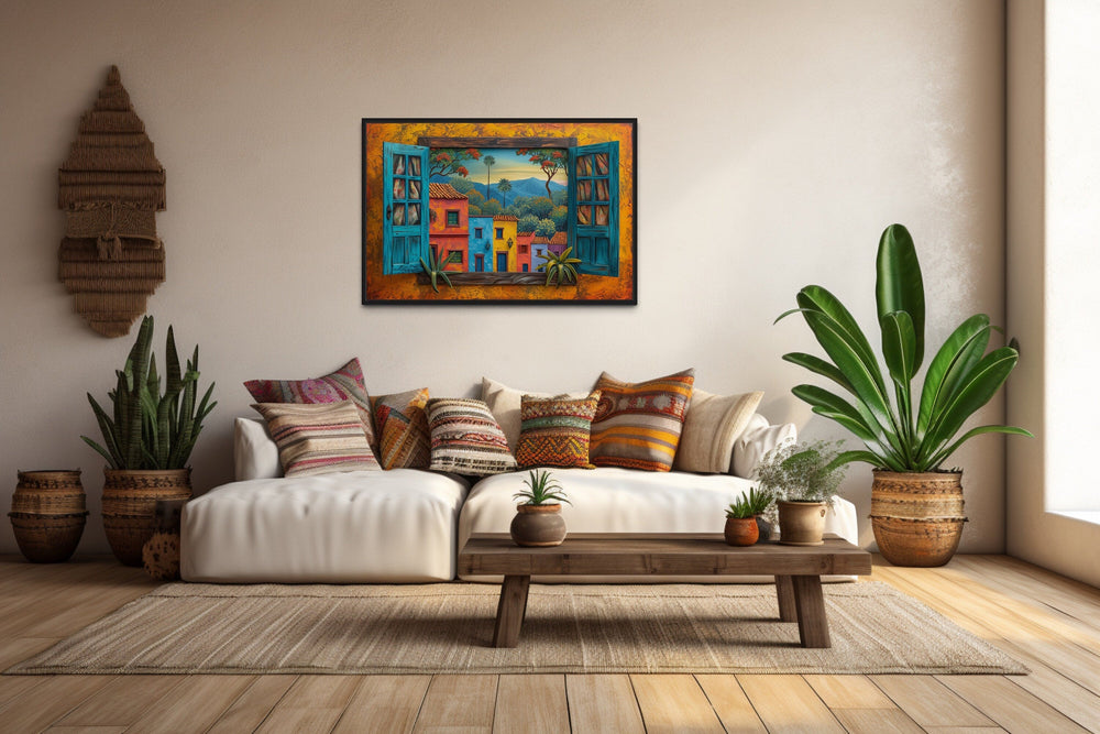 Mexican Wall Art - Mexican Window View Of Colorful Houses Framed Canvas Wall Art