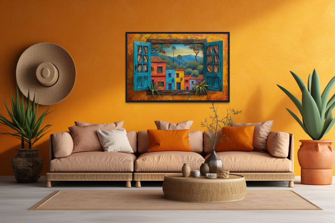 Mexican Wall Art - Mexican Window View Of Colorful Houses Framed Canvas Wall Art