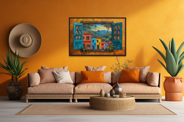 Mexican Window View Of Colorful Houses Framed Canvas Wall Art