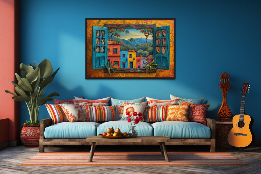 Mexican Window View Of Colorful Houses Framed Canvas Wall Art