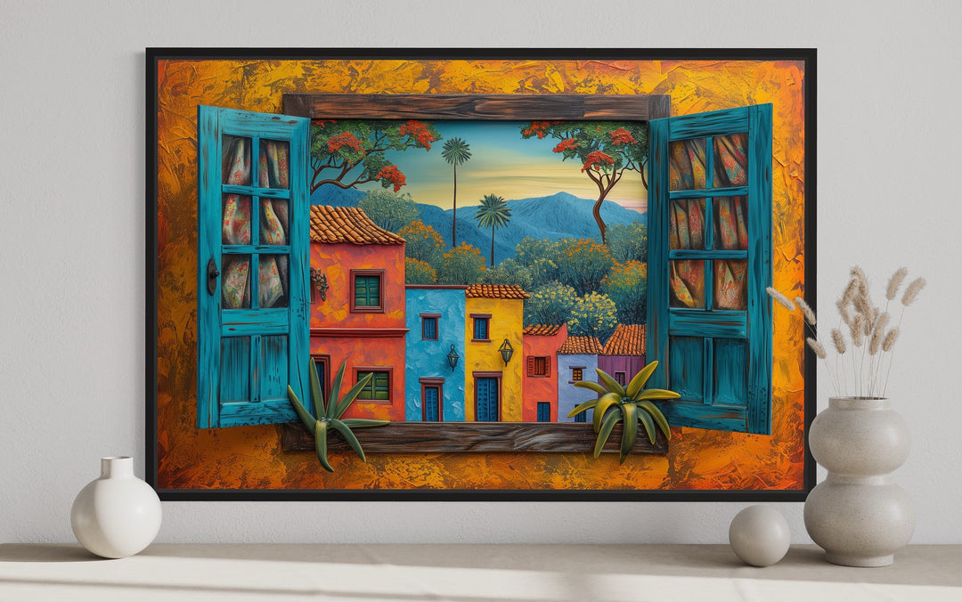 Mexican Window View Of Colorful Houses Framed Canvas Wall Art