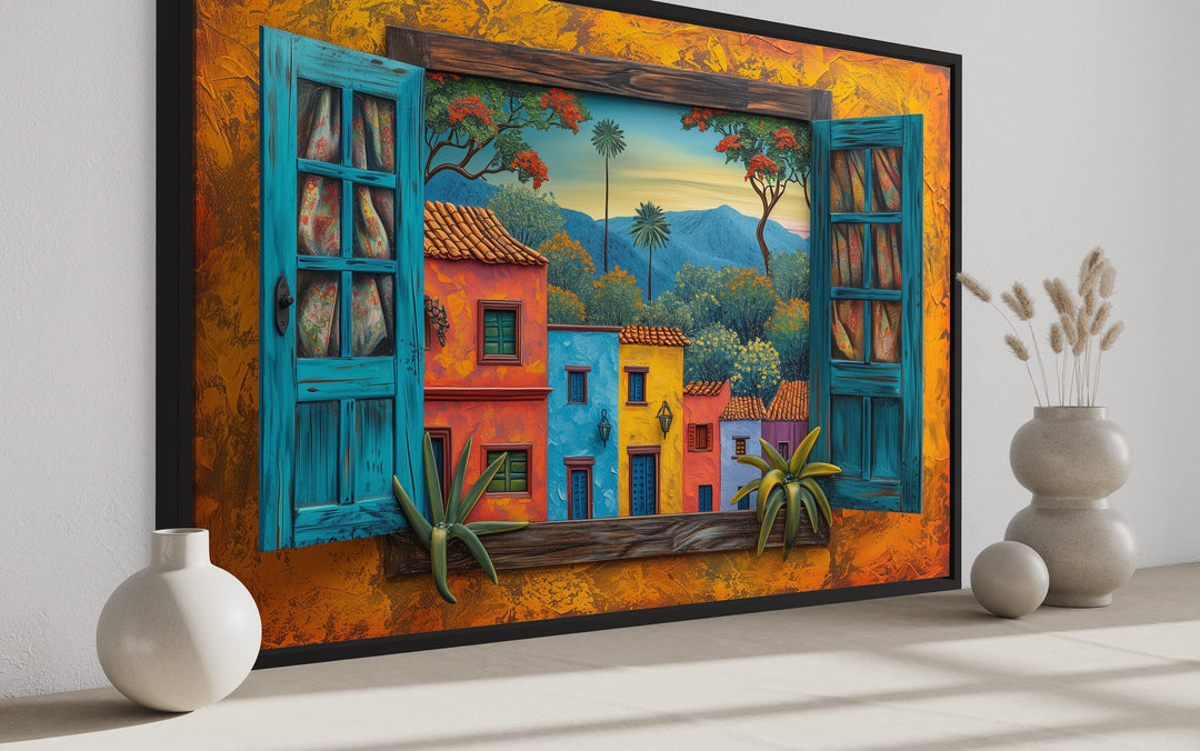 Mexican Window View Of Colorful Houses Framed Canvas Wall Art