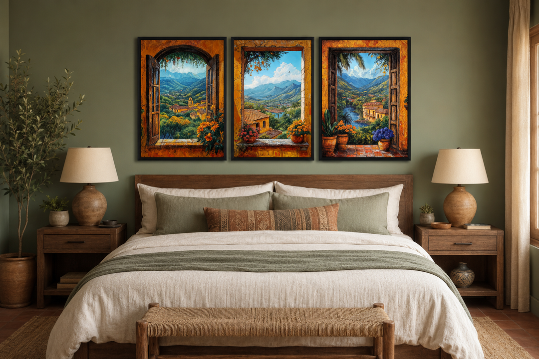 Set of three Mexican window view canvas prints showing colorful hacienda landscapes over a bed.