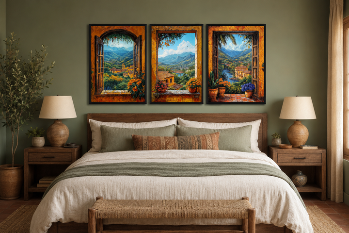 Set of three Mexican window view canvas prints showing colorful hacienda landscapes over a bed.