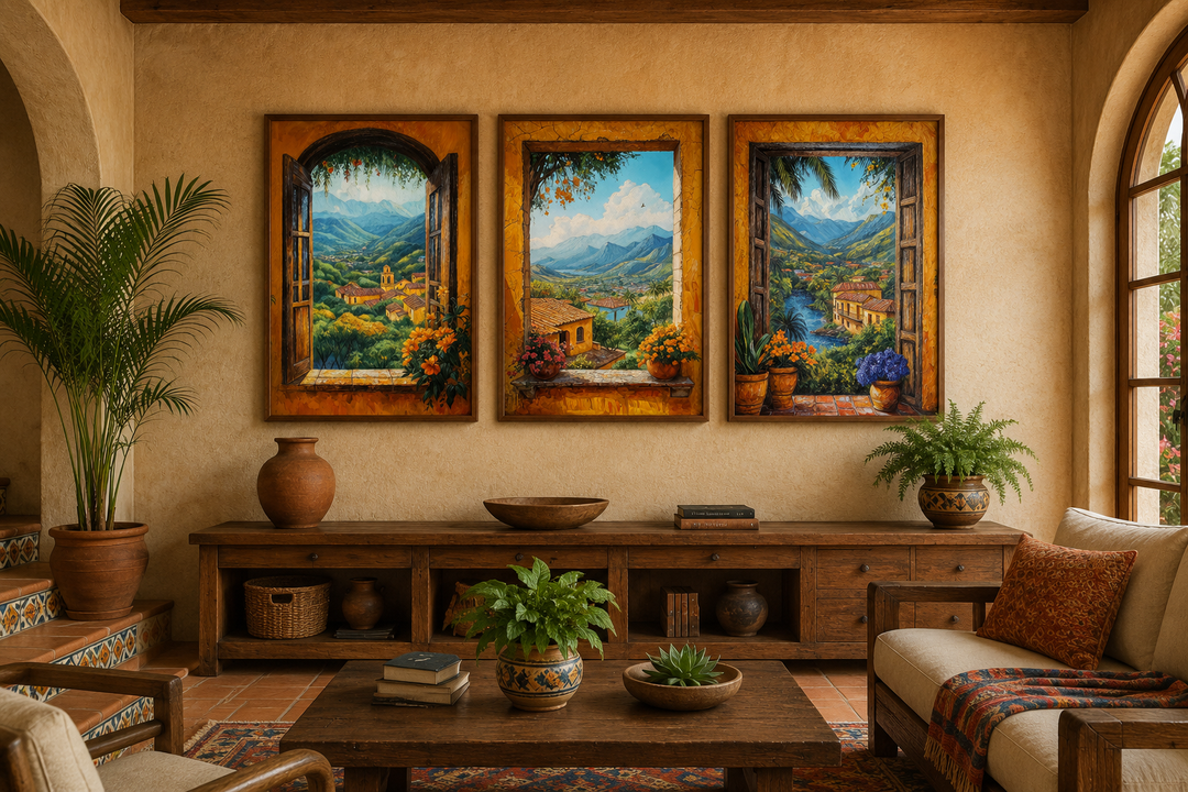 Set of three vertical canvas prints depicting colorful Mexican landscapes through open windows.
