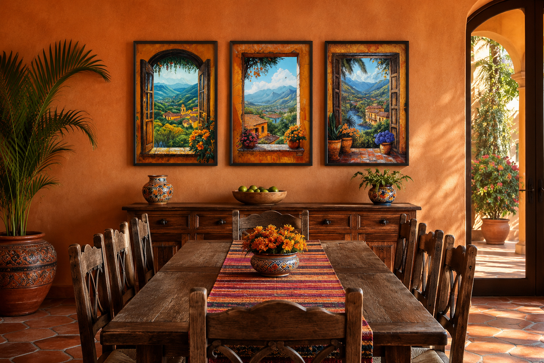 Set of three vertical canvas prints showing Mexican hacienda window views of mountain landscapes.