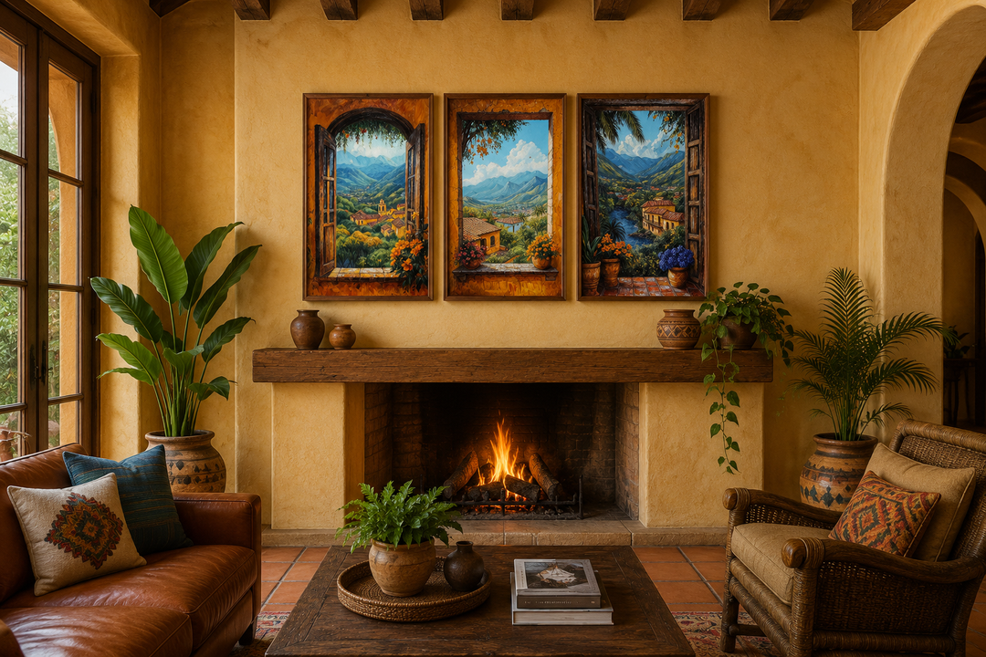 Set of three canvas prints showing Mexican hacienda window views of mountains and colorful villages.
