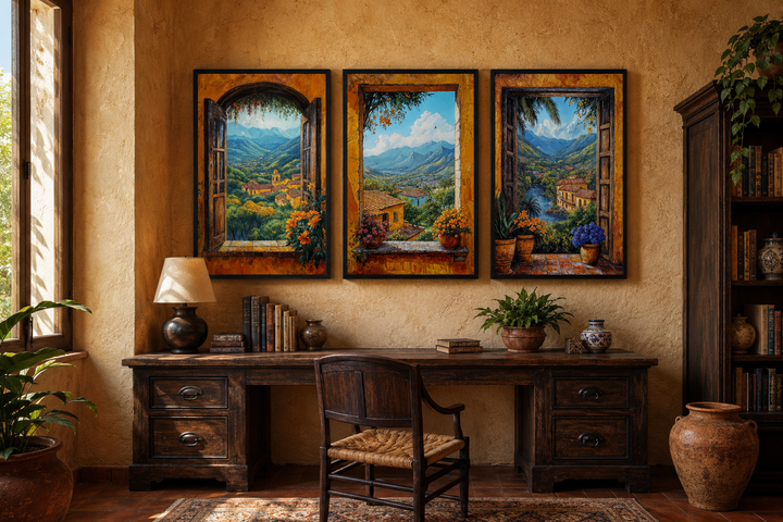 Set of three canvas prints showing Mexican hacienda window views of mountains and colorful villages.