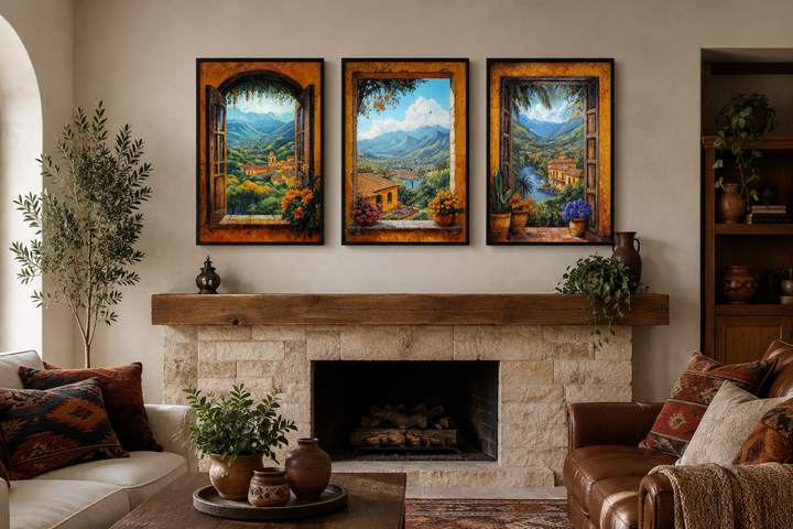 Set of three Mexican window view canvas prints featuring colorful hacienda landscapes over a mantel.