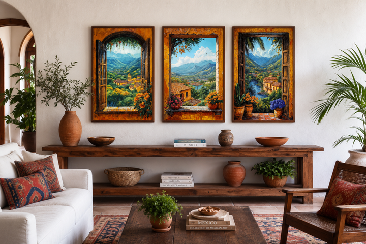 Set of three Mexican window view canvas prints showing colorful hacienda landscapes over a console.