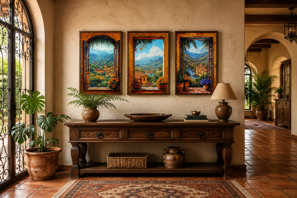 Set of three canvas prints showing Mexican hacienda window views of mountains and colorful villages.