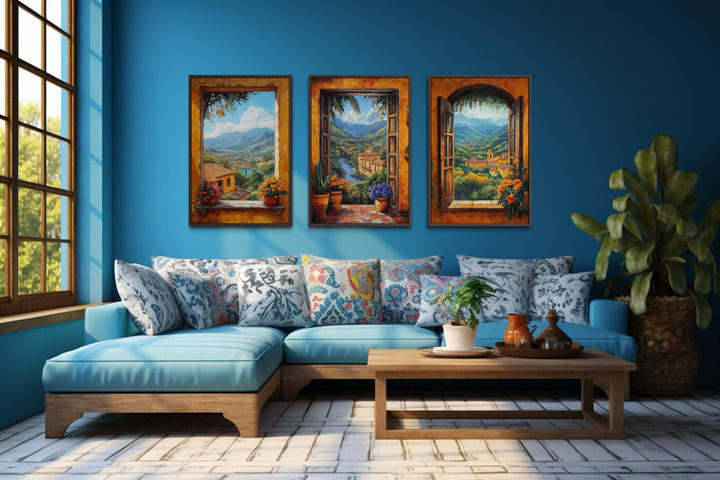 Set of three colorful canvas prints depicting Mexican window views of a hacienda landscape.