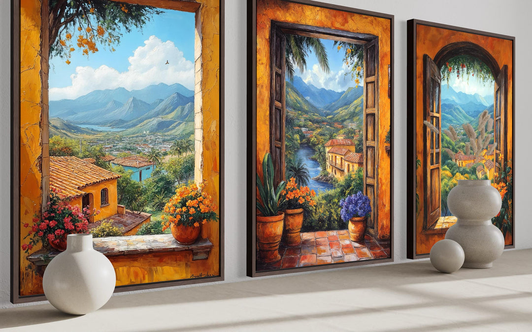 Set of three vertical canvas prints showing scenic Mexican hacienda window views with mountains.